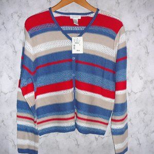 Cardigan Sweater Cotton Red Blue Striped M NWT